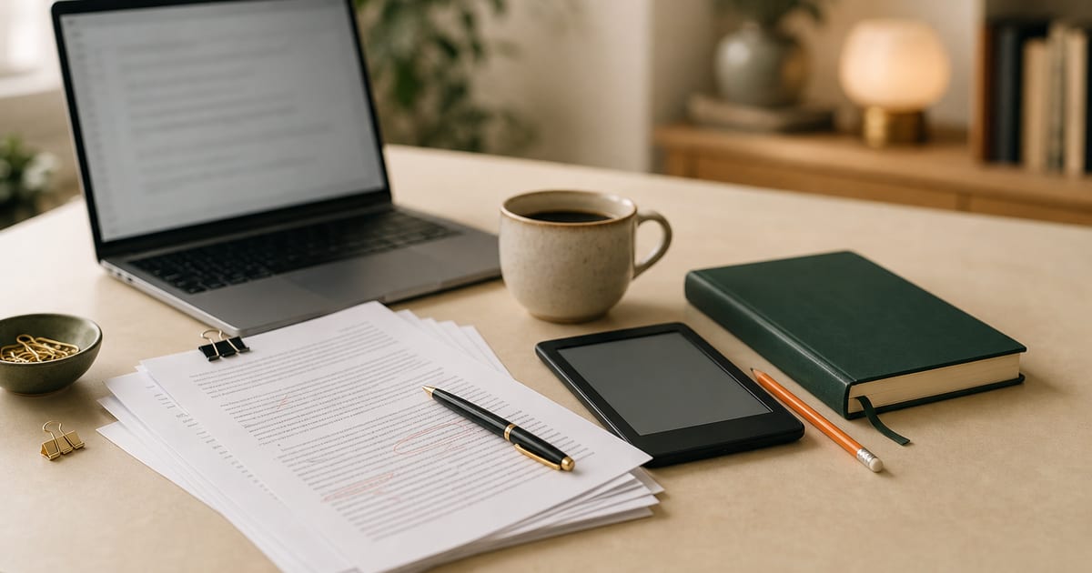 A warm writing desk with a laptop, manuscript pages, a blank-screen e-reader, coffee, and editing supplies.