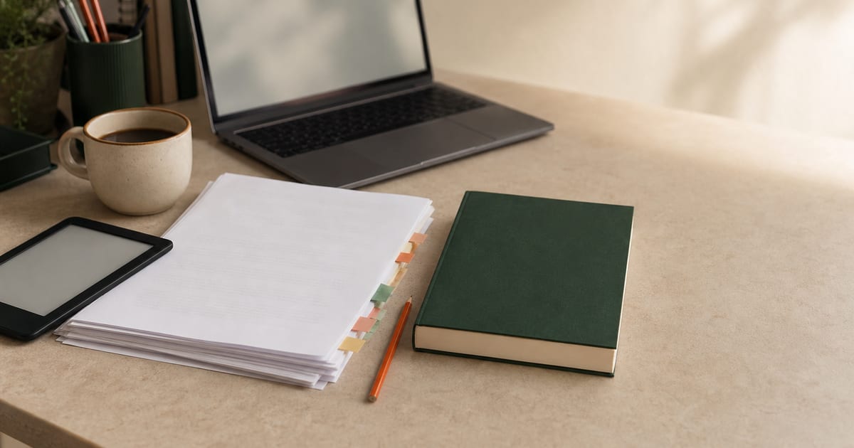 A warm writer’s desk with an e-reader, manuscript pages, a blurred laptop, coffee, and a plain green book.