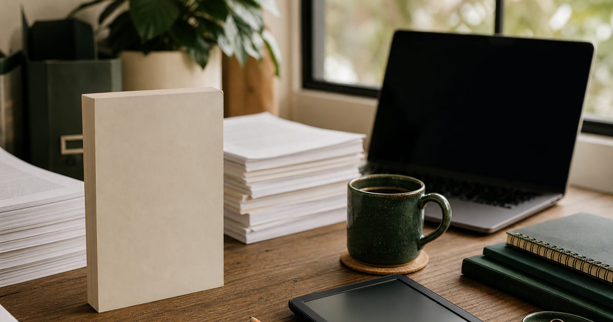 A warmly lit writer’s desk with a blank paperback, manuscript pages, a laptop, an e-reader, and a green coffee cup.