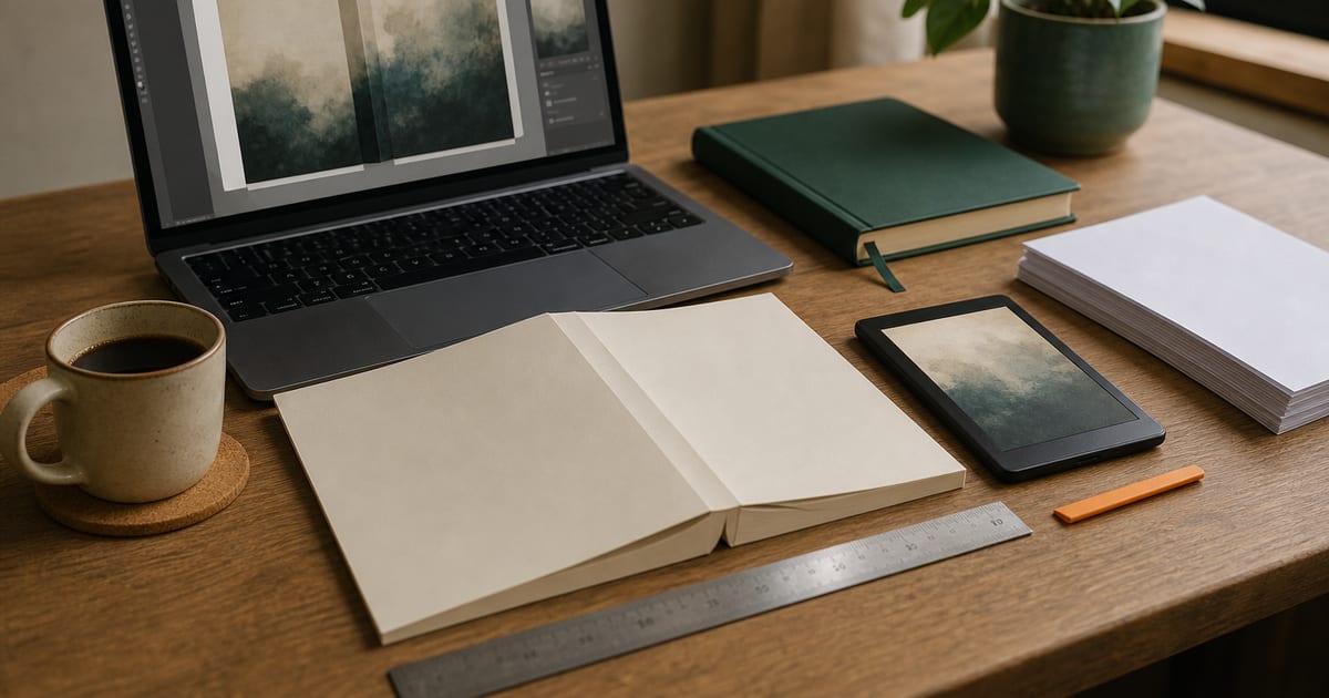 A warm, softly lit writer’s desk with a laptop, blank paperback cover proof, e-reader mockup, printed pages, ruler, and coffee cup.