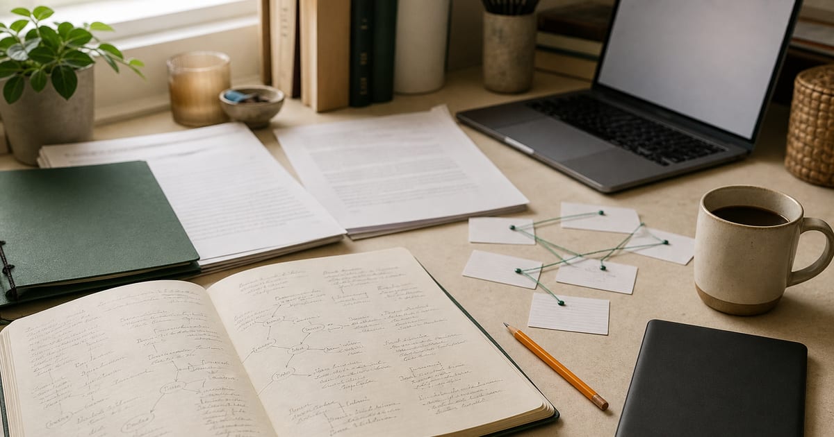 A warmly lit writer’s desk with manuscript pages, a green folder, a laptop, a Kindle, coffee, and an orange pencil arranged for novel planning.
