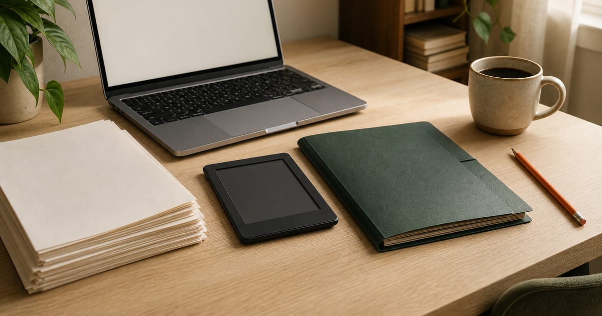 A warm, organized writer’s desk with a laptop, printed manuscript pages, an e-reader, a green notebook, and coffee.