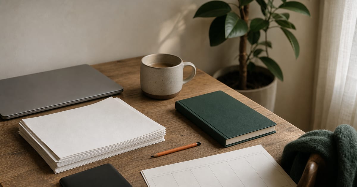 A warm, softly lit writer’s desk with manuscript pages, a face-down e-reader, a green notebook, coffee, and an orange pencil.