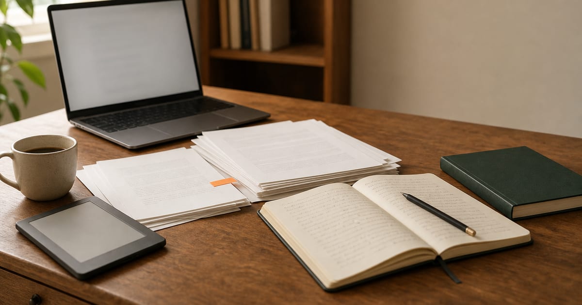 A warmly lit writer’s desk with a laptop, manuscript pages, e-reader, notebook, pencil, and coffee cup in cream, green, and orange tones.