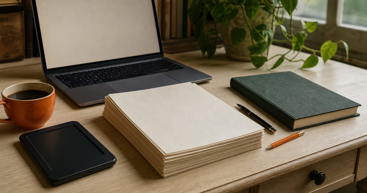 A warm, softly lit writer’s desk with a blank laptop, manuscript pages, an e-reader, coffee, and deep green publishing materials.