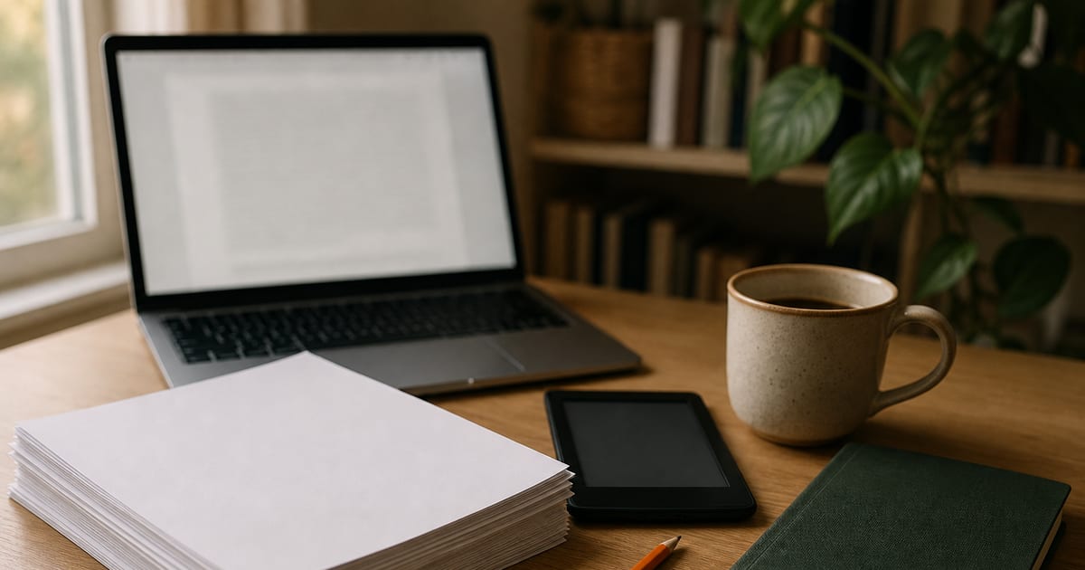 A warmly lit writer’s desk with a laptop, manuscript pages, an e-reader, coffee, a green notebook, and an orange pencil.