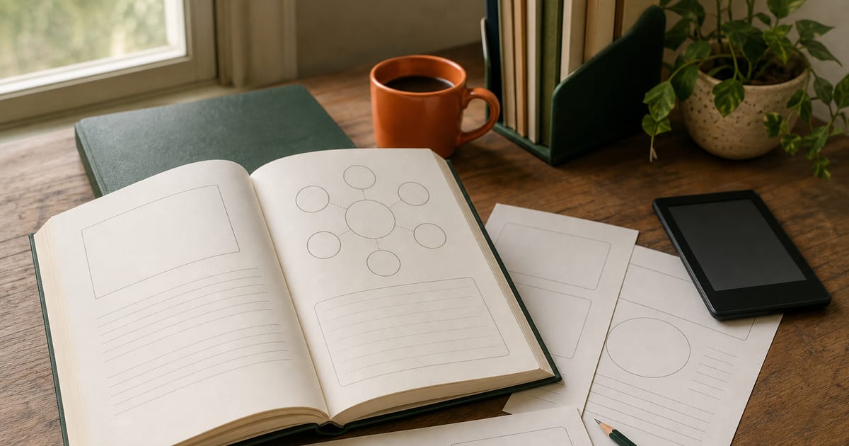 A warm, natural-light writer’s desk with blank workbook pages, a pencil, a green notebook, an e-reader, and an orange coffee cup.