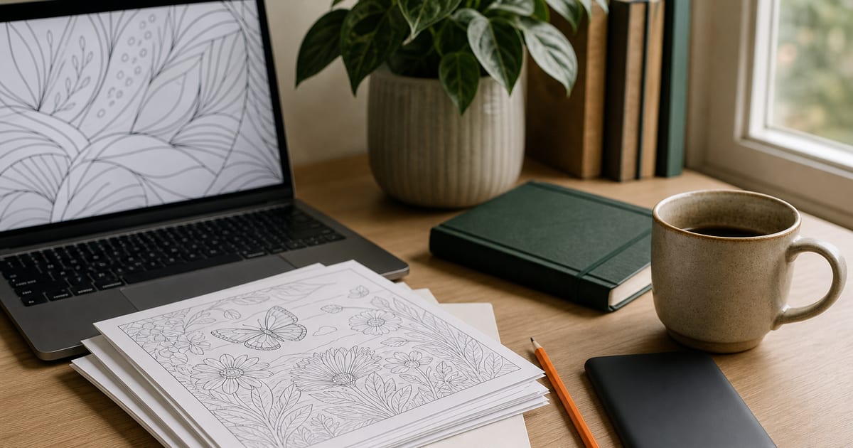 A warm, softly lit desk holds blank-backed coloring pages, a laptop, a coffee cup, and an orange pencil beside a deep green notebook.