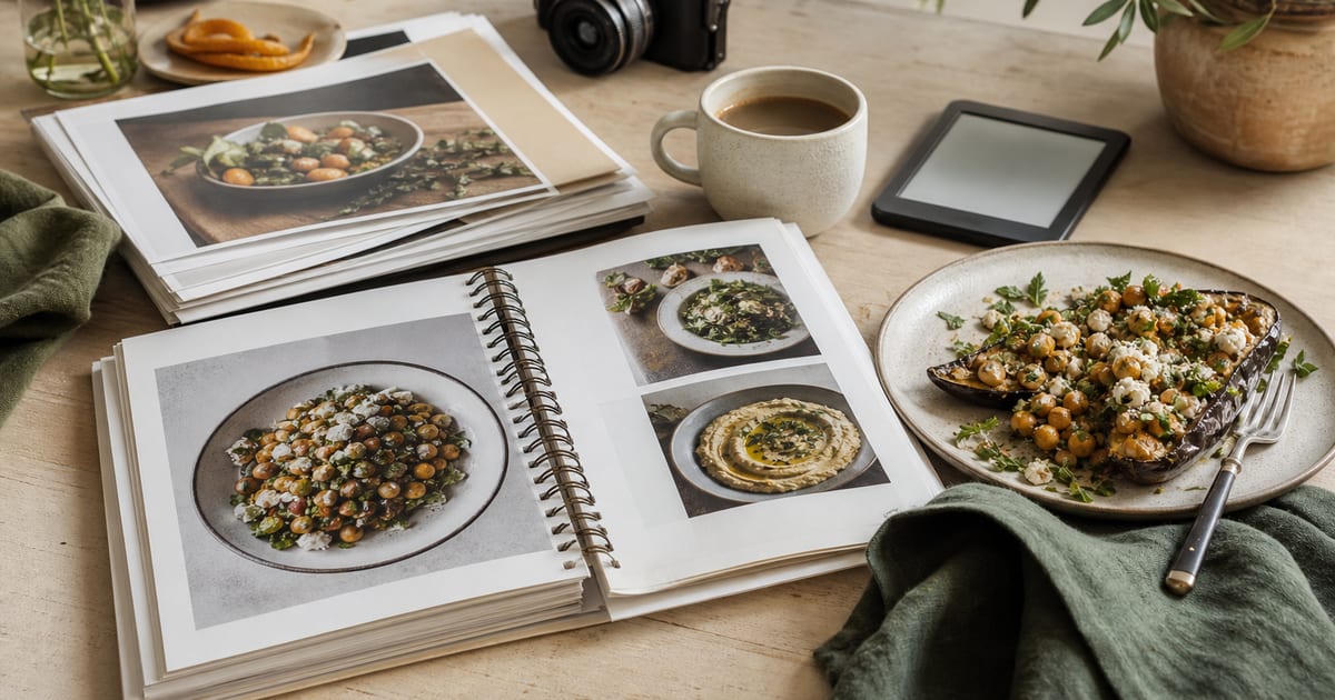 A cookbook proof, printed recipe pages, a plated meal, a camera, and coffee sit on a warm cream desk with deep green accents.