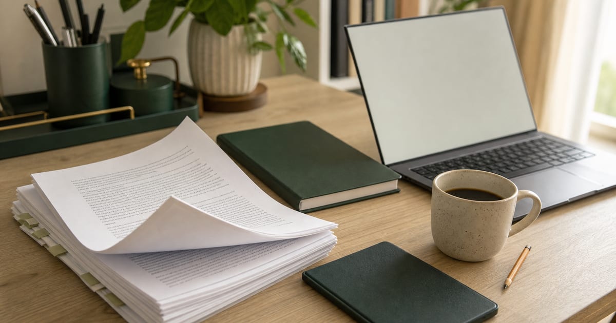 A softly lit writer’s desk with manuscript pages, a laptop, a dark green notebook, a Kindle, coffee, and an orange pencil.