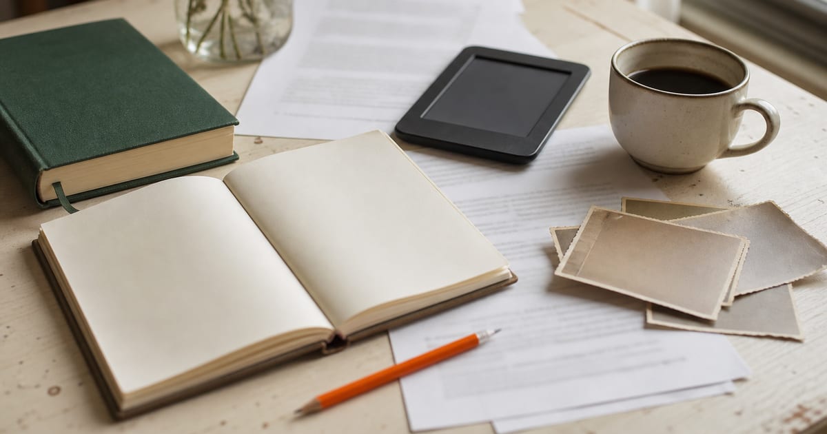 A softly lit writer’s desk with manuscript pages, a dark e-reader, a green journal, coffee, and a small orange pencil.