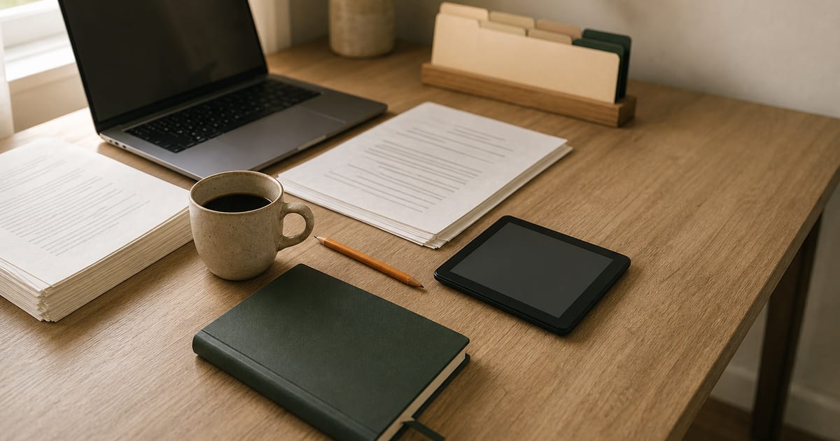 A warmly lit writer’s desk with a laptop, manuscript pages, Kindle, green notebook, coffee, and an orange pencil.