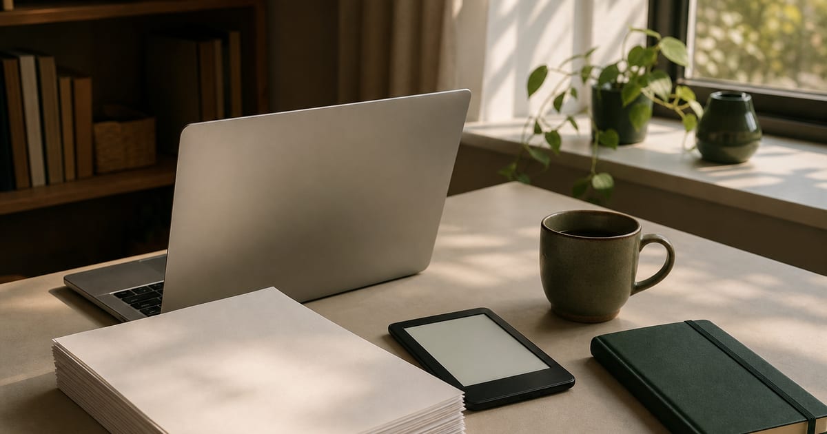 A warmly lit writer’s desk with a laptop, stacked manuscript pages, an e-reader, coffee, a green notebook, and an orange pencil.