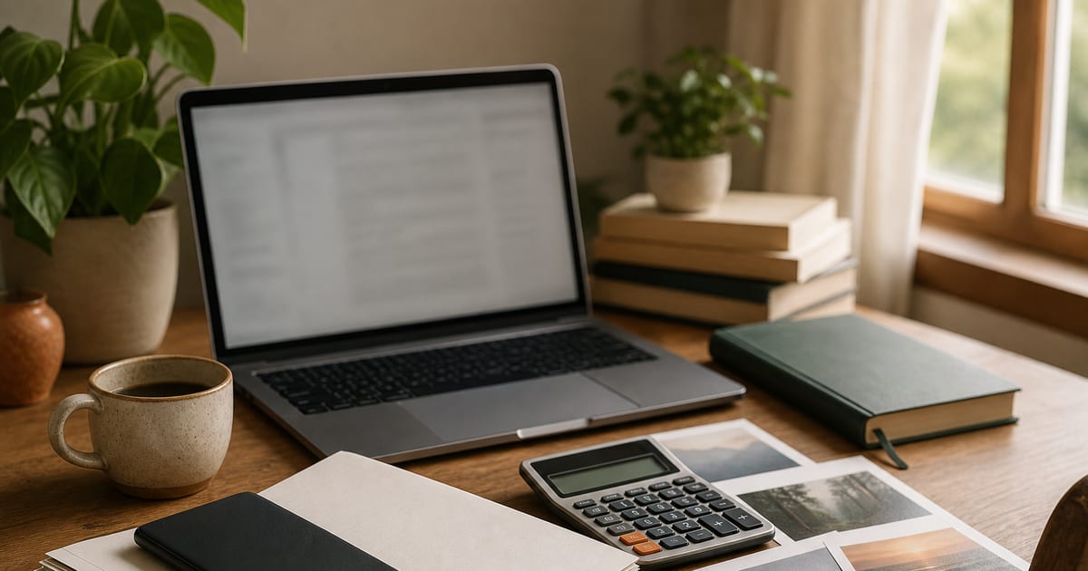 A warm, softly lit writer’s desk with a laptop, e-reader, manuscript pages, calculator, coffee, and green notebook.