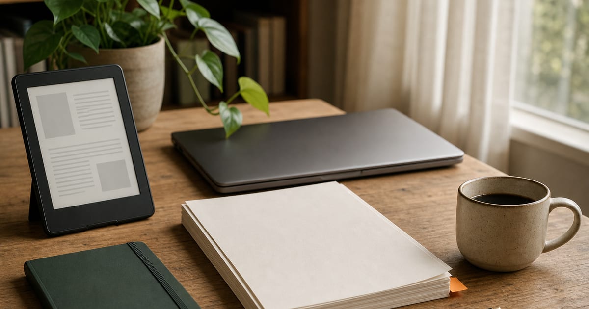 A warm, softly lit writer’s desk with a Kindle, laptop, blank manuscript pages, coffee, and a deep green notebook.