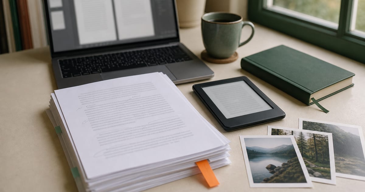A laptop, printed manuscript pages, an e-reader, and coffee arranged on a warm-toned writer’s desk.