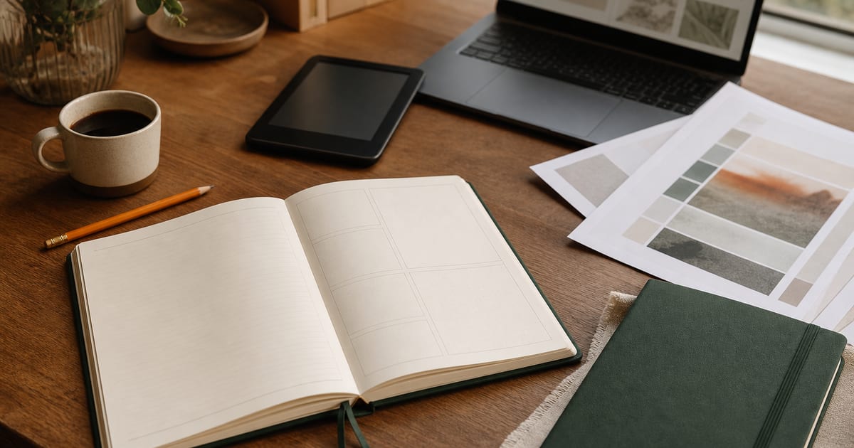 A softly lit writer’s desk with blank journal proof pages, a laptop, an e-reader, a coffee cup, and green stationery.