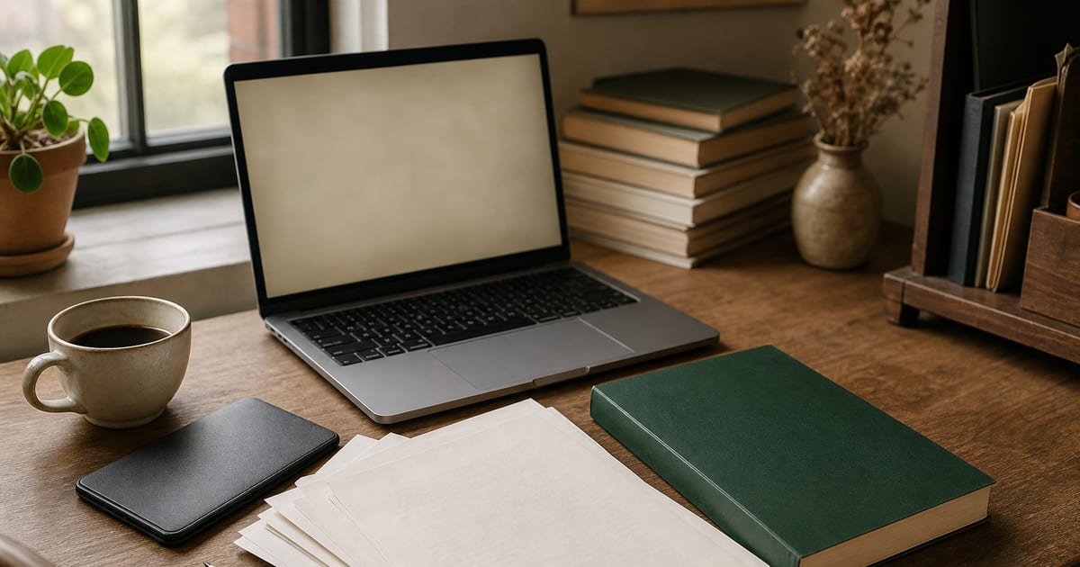 A warmly lit self-publishing desk with a laptop, printed manuscript pages, an e-reader, a plain book proof, coffee, and an orange pencil.