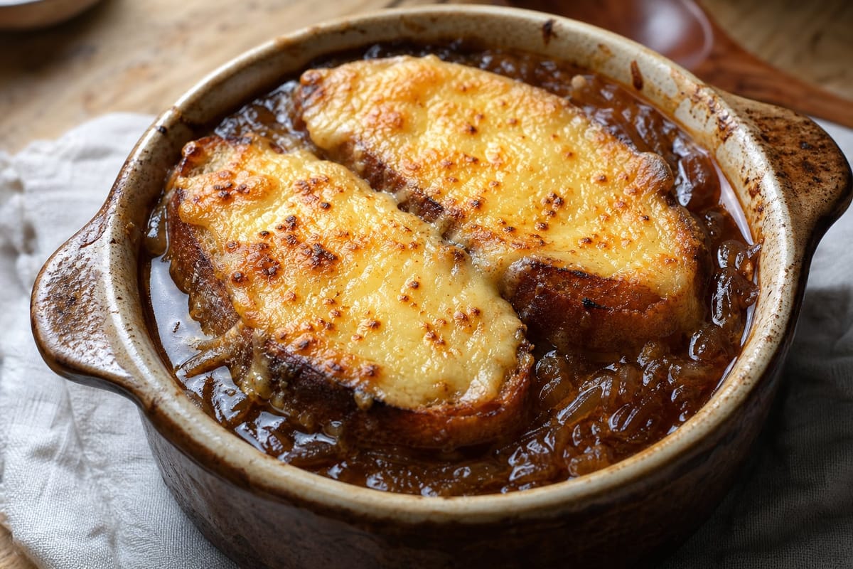 Sopa de cebolla gratinada con pan rústico y queso