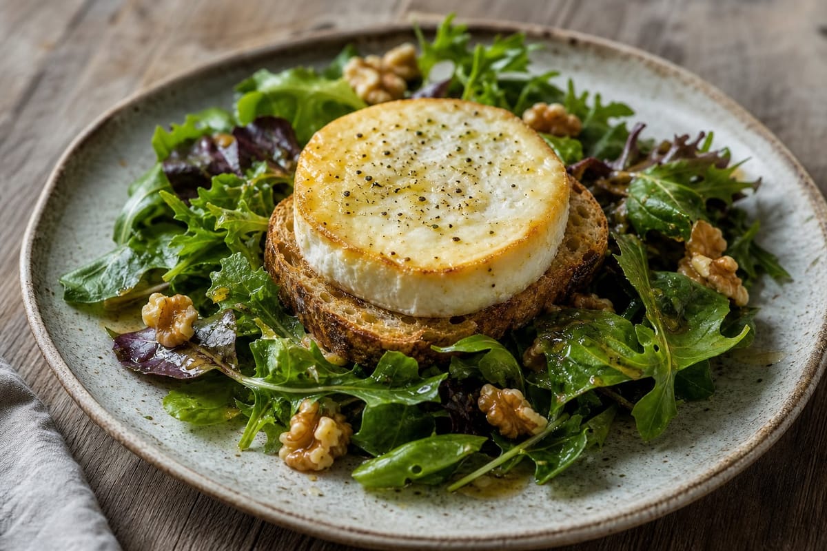 Ensalada de queso de cabra tibio con nueces y vinagreta de miel