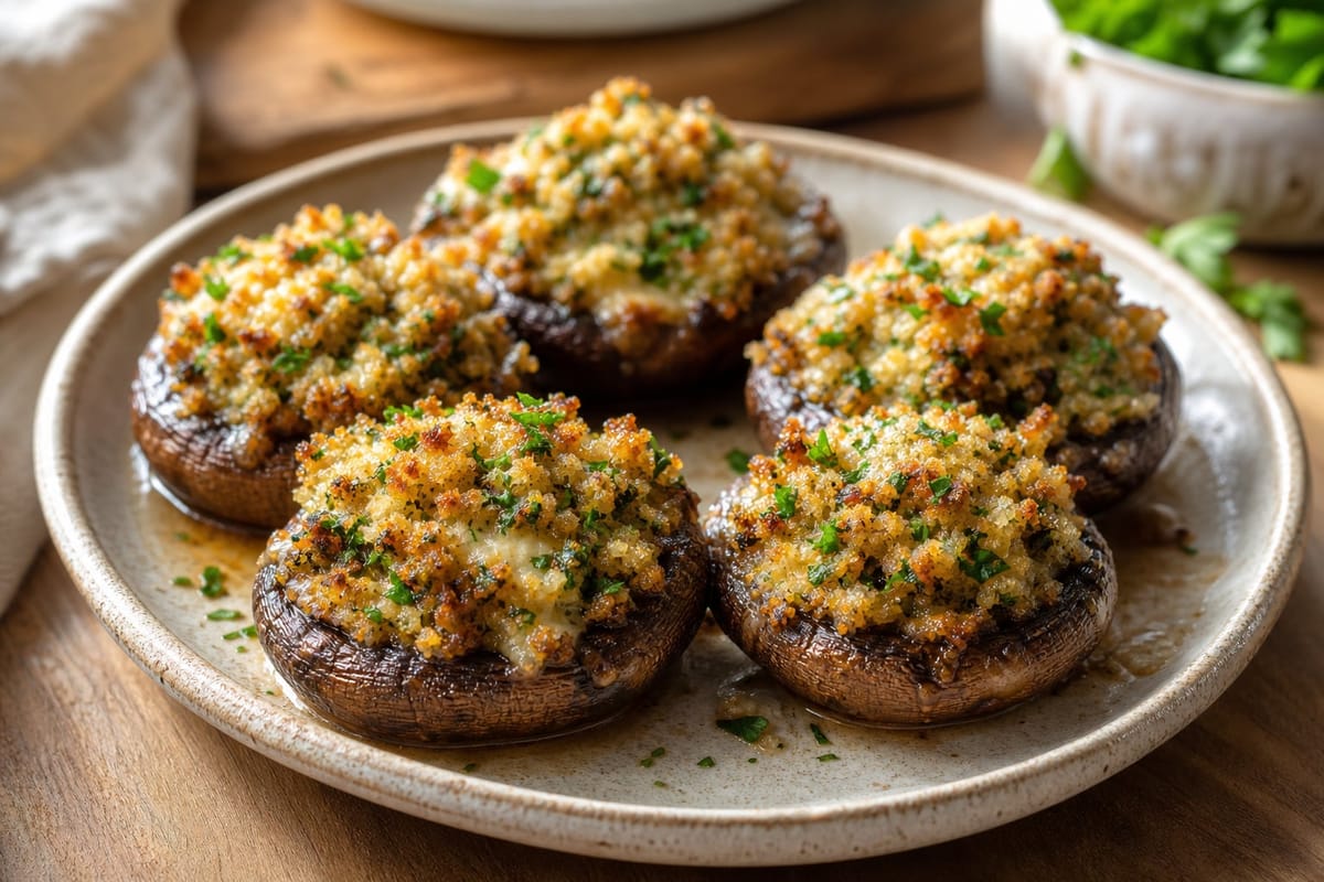 Champiñones rellenos de ajo, perejil y pan rallado