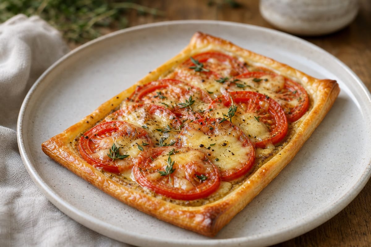 Tarta fina de tomate, mostaza y queso comté